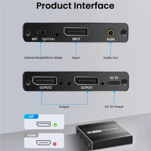 Extracteur audio FD 1X2 4K 144 Hz, répartiteur DisplayPort 1.4 vers double DisplayPort MST, prise : prise américaine SH92011565-010